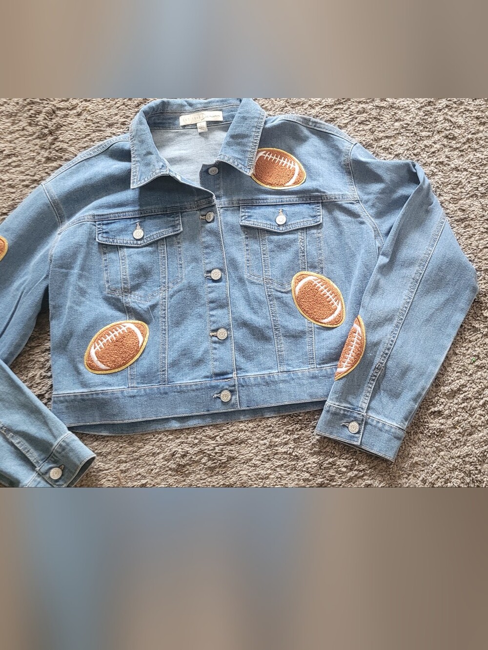 Women’s Light Blue Slightly Cropped Denim Jacket with Football Patches